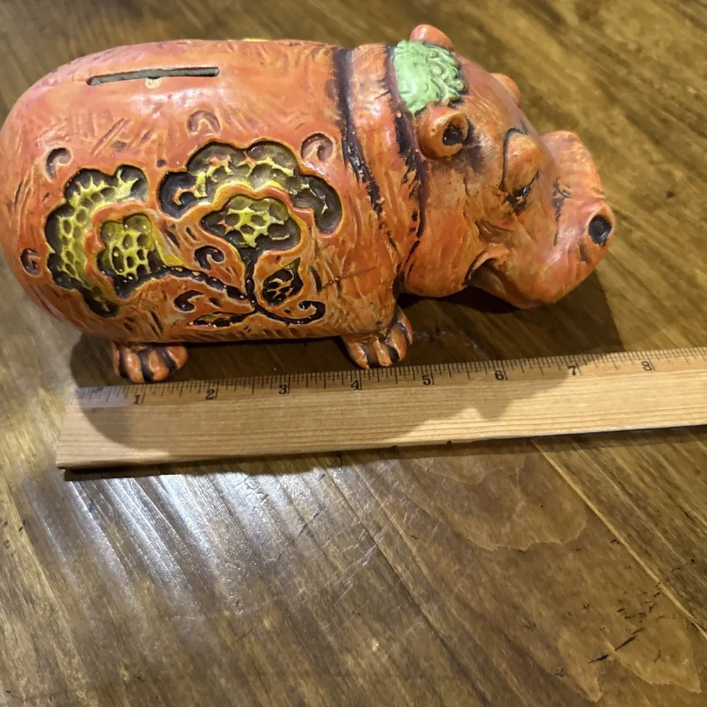 Vintage 70's Kitschy Boho Orange Floral Ceramic Bank Hippopotamus House Hippo
